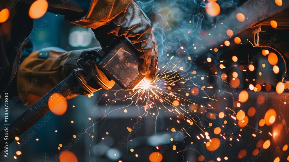 Poster skilled welder's hand creating sparks with welding torch in industrial workshop concept of precision