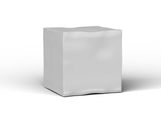 Rendered image of a small white cubic dented box on a transparent background