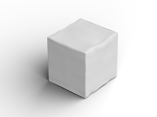 Rendered image of a small white cubic dented box on a transparent background