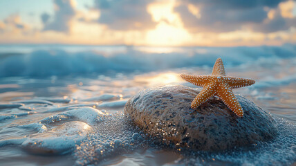 A tiny starfish sitting on a smooth rock in a tide pool with the ocean in the background,
