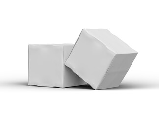 Rendered image of a small white cubic dented box on a transparent background