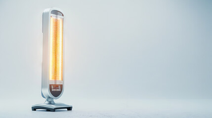 Modern Silver Infrared Heater in Minimalist Setting Concept of Home Heating Energy Efficiency Comfort. On light background. Copy space
