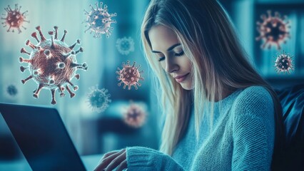 Young woman using laptop with virus imagery in background