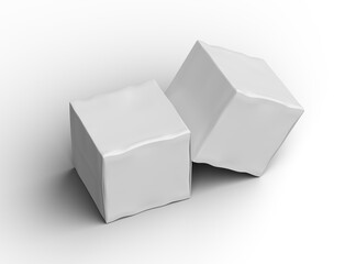 Rendered image of a small white cubic dented box on a transparent background