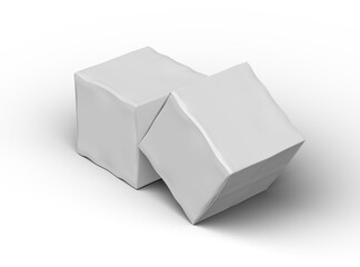 Rendered image of a small white cubic dented box on a transparent background