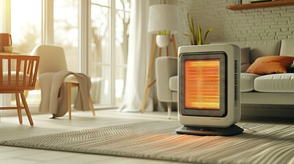 Modern Infrared Heater in a Sunlit Living Room Setting. Concept of Efficient Home Heating, Cozy Interior, Contemporary Design, and Warm Ambiance