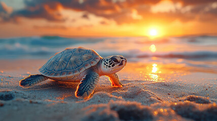 A tiny turtle walking slowly on a sandy beach with a setting sun in the background,