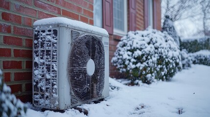 An air conditioner unit sitting outside in snowy weather, possibly broken or unused