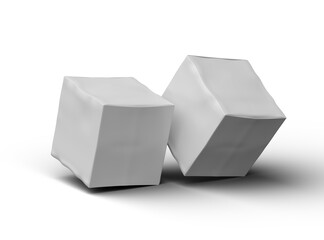 Rendered image of a small white cubic dented box on a transparent background