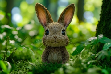 Fototapeta premium A small brown rabbit sitting in the middle of a lush green forest