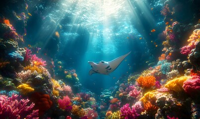 Fototapeta premium Underwater shot showcasing the rich marine life of Manta Bay