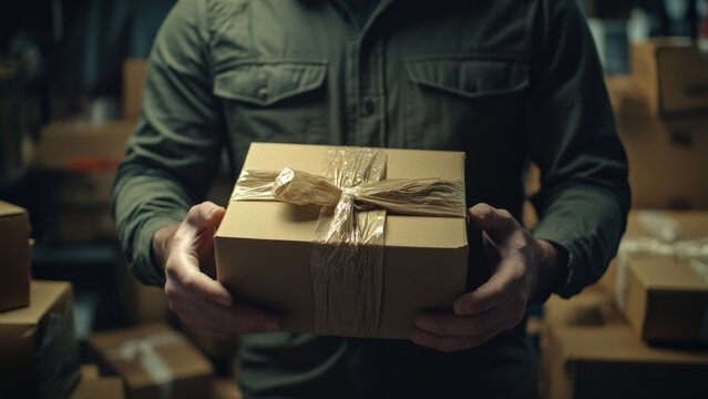 Person holding a wrapped package in a storage area with boxes