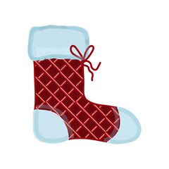 Boot, sock, fluffy decoration, checkered pattern, bright color drawing, transparent background.