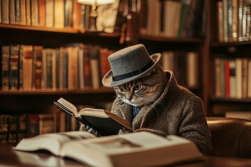 A cat in a detective coat and hat, sitting in a library, reading a mystery novel.