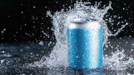 Refreshing blue can submerged in splashing water.