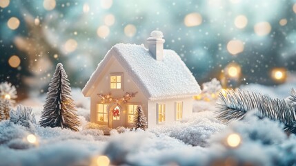 chrismas festive celebrate greeting backgroun of joyful house with snow flake and pine tree xmas theme decoration joyful and happiness ambient moment template design,ai generate