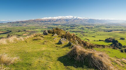 Scenic view of snow-capped mountains over lush green valleys.