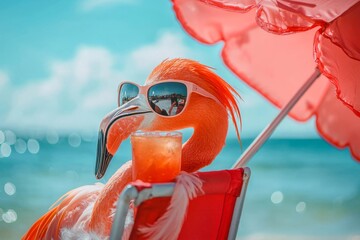A flamingo in a beach chair, wearing large sunglasses, sipping a drink with an umbrella.