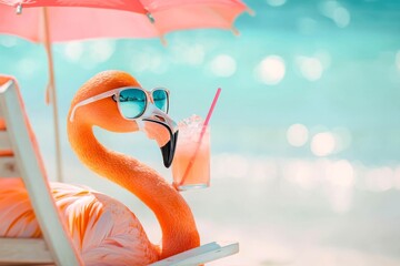 A flamingo in a beach chair, wearing large sunglasses, sipping a drink with an umbrella.