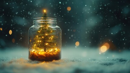 Christmas background or New Year's backdrop, holiday banner with copy space. Miniature christmas tree inside a glass jar with fairy lights on a snowy background with falling snow and bokeh