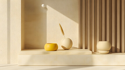 A modern design concept combining marble light wood and yellow ceramics accented with beige details.