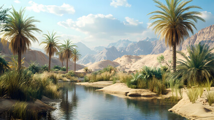 Obraz premium Desert oasis with palm trees and a small pond, hyperrealistic photo. Oasis. Illustration