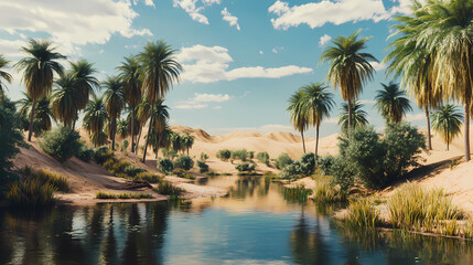 Obraz premium Desert oasis with palm trees and a small pond, hyperrealistic photo. Oasis. Illustration