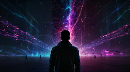 Un homme dans un univers virtuel avec un r&eacute;seau luminescent