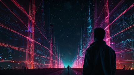 Un homme dans le r&eacute;seau d'une ville virtuelle luminescente