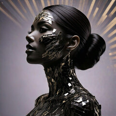 Portrait en studio d'une femme &agrave; la peau noire avec un maquillage de dorure