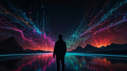 Un homme dans un univers virtuel avec un r&eacute;seau luminescent