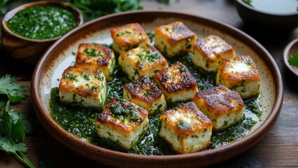 Delicious paneer cubes served on vibrant green sauce