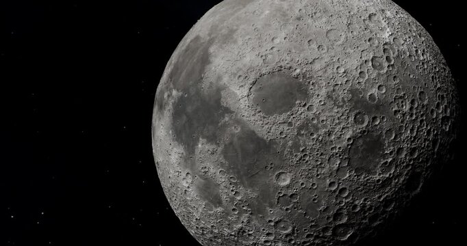 satellite view around the moon. 3d animation of the moon in space. cinematic of the moon. camera rotating around the moon
