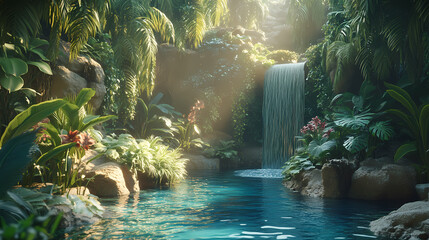 Enchanted digital jungle oasis with exotic flora, animated fauna, and serene waterfall pool. Oasis. Illustration