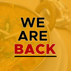  Open again . WE ARE BACK banner concept for re-opening of shop, fast food restaurant, barbecue shop are working again, WE ARE BACK Social media post. marketing, designing
