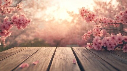 Wooden table with cherry blossoms in soft focus. 