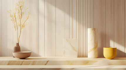 A natural arrangement of pale wood panels beige lines sleek marble and yellow ceramics.