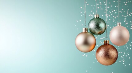 Festive pastel Christmas ornaments hanging against a teal background with glitter.