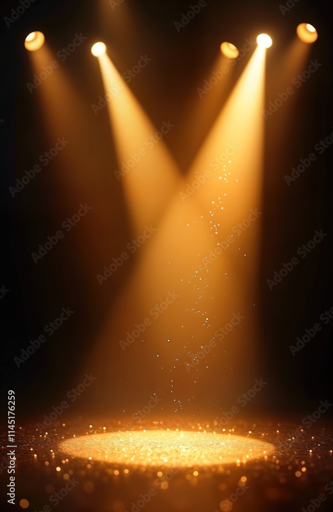 Poster golden spotlights illuminate stage studio. bright light beams create dramatic effect. glitter partic