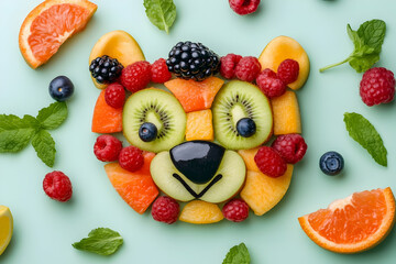 Vibrant fruits shaped as a cheerful bear face, surrounded by fresh mint and orange slices