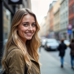 Obraz premium Happy young woman stands on city street. Long blonde hair in ponytail. Smiles at camera. City buildings blurred in background. Wears casual attire. Summer day in European city. Candid portrait in