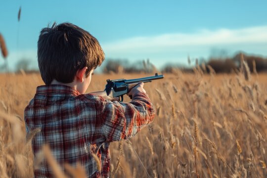 Youth Aiming a BB Gun at Target in Rural Field: A Side View of Outdoor Shooting Practice with Ample Copy Space
