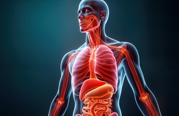 Detailed anatomy graphic shows human body structure. Red highlights lymphatic system, organs. Medical illustration of human body with emphasis on internal systems. High tech, surreal vision of human