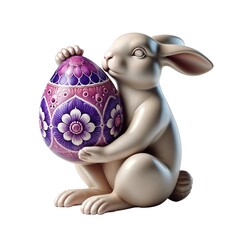 White Bunny Holding Purple Decorative Easter Egg with Intricate Floral Patterns Isolated on White Background