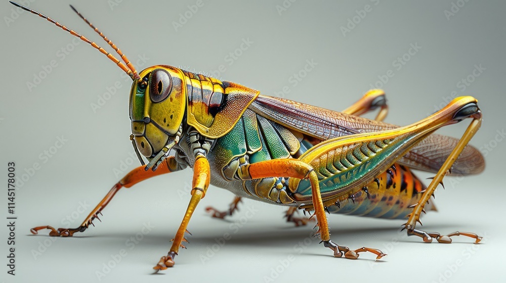 Poster a vividly colored close-up of a grasshopper showcasing its intricate details.