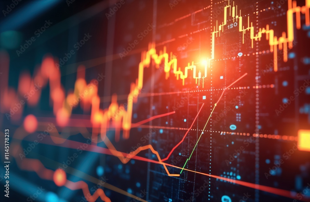 Poster abstract finance graph with multiple rising, falling lines. vivid colors show stock market forex tra