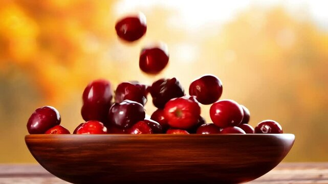 Red acerola cherries falling into rustic wooden bowl, showcasing peak ripeness and organic freshness of tropical fruit harvest