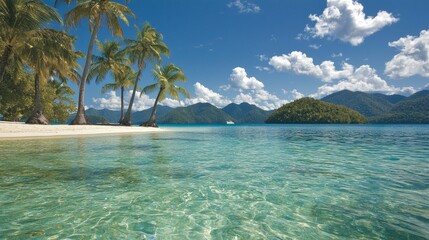 Fototapeta premium Serene beach scene with clear water, palm trees, and distant mountains.