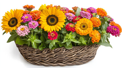 Fototapeta premium A playful sunflower bouquet with two sunflowers and colorful gerbera daisies in a cheerful hand-tied arrangement.