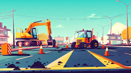 Cartoon Road Construction Art with Heavy Machinery and Traffic Cones in Urban Setting. Concept of City Development, Infrastructure, Progress, and Engineering